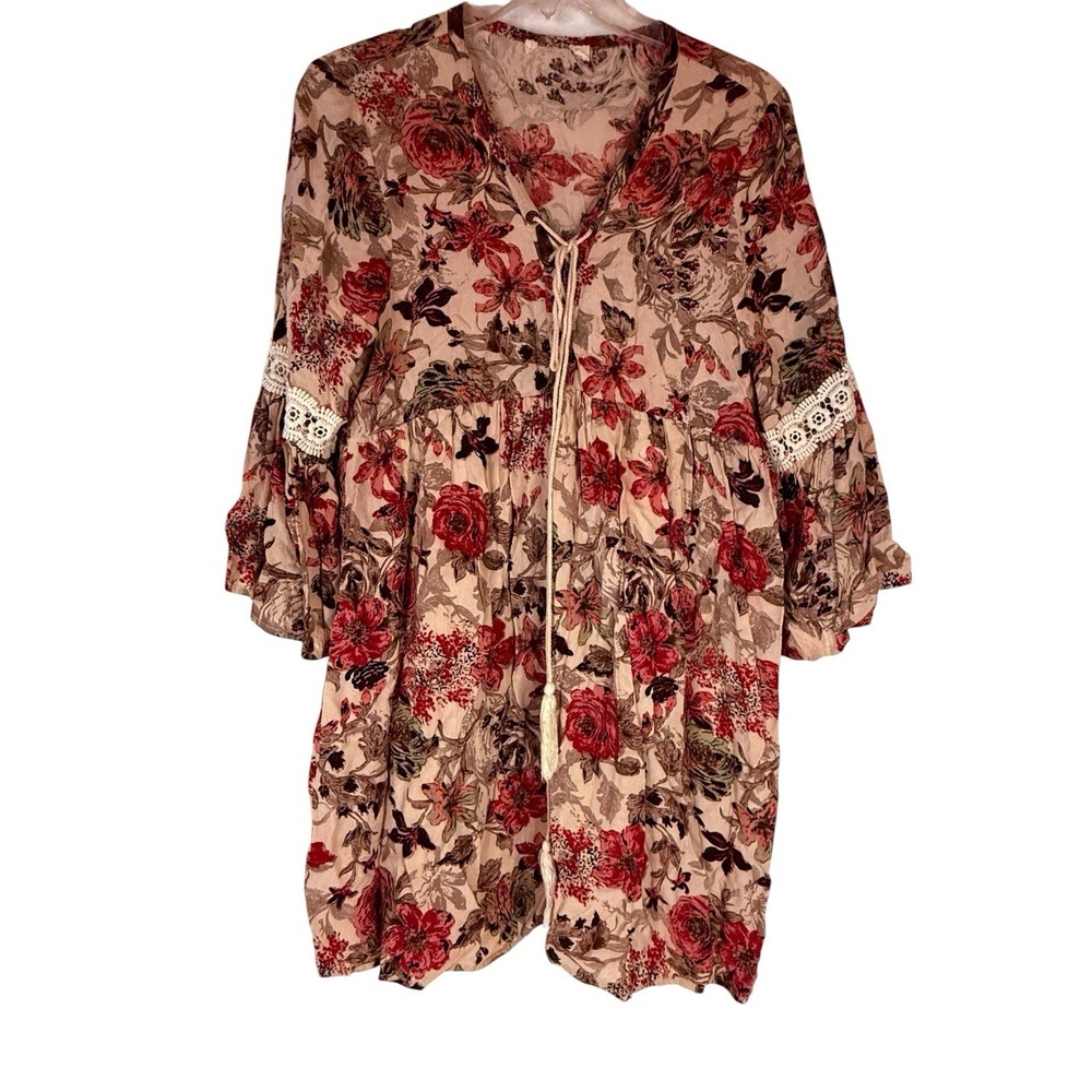Boho Floral Tunic Dress Medium Cottagecore Peasant Lace Bell Sleeve